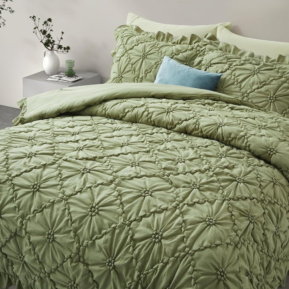 King Size Bed Comforter Shams Set Sage Green Ruffle Shabby Cottage Chic Bedding